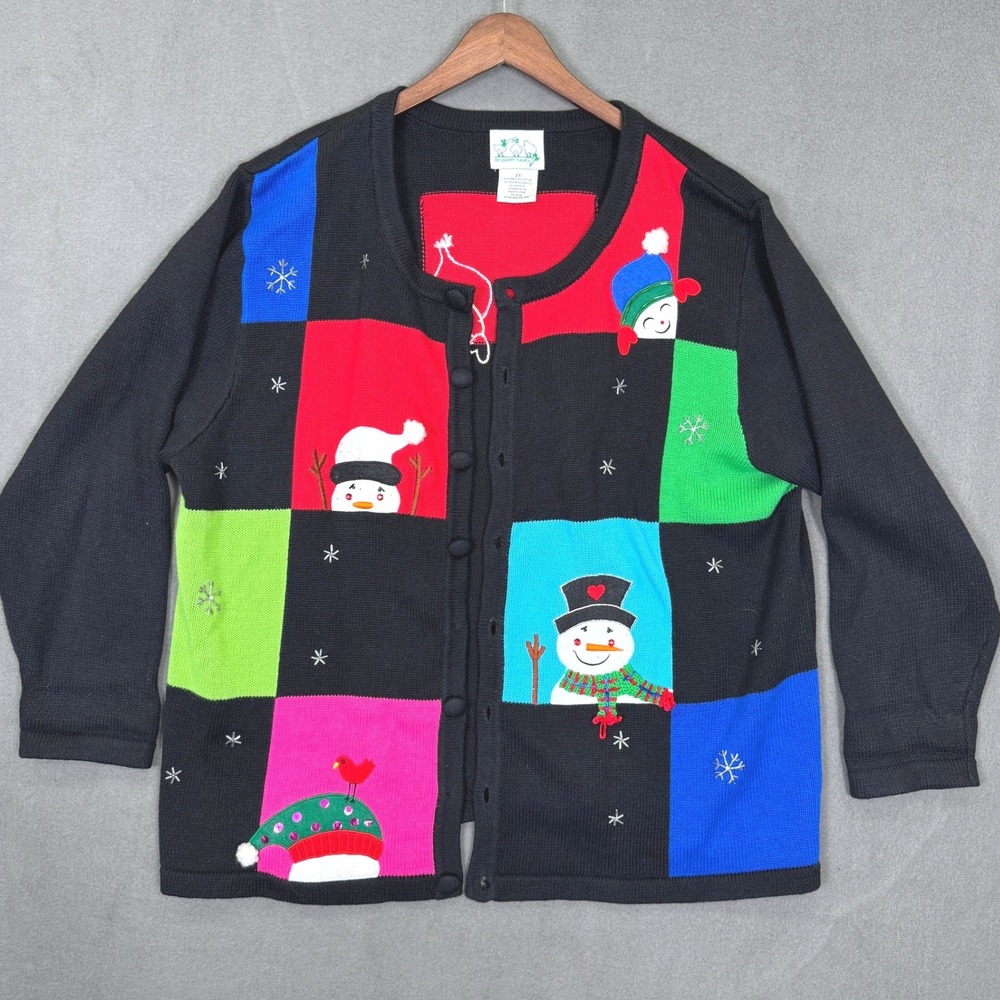 Vintage Quacker Factory Cardigan Women 2X Black Snowman Christmas Colorblock